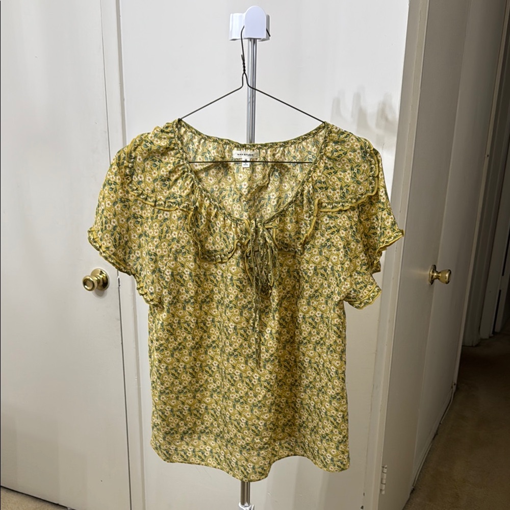 Max Studio Yellow Flutter Sleeve Blouse with Tie Front